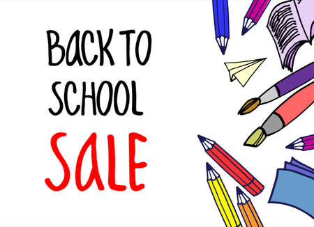 Back to School Sale vector background, flyer, banner, invitation. Hand-lettered inscription and various hand drawn school items. Isolated on the whiteのイラスト素材