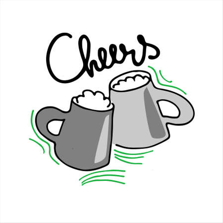 Two hand drawn beer mugs with handwritten Cheers lettering on the white background. Isolated design elementsのイラスト素材