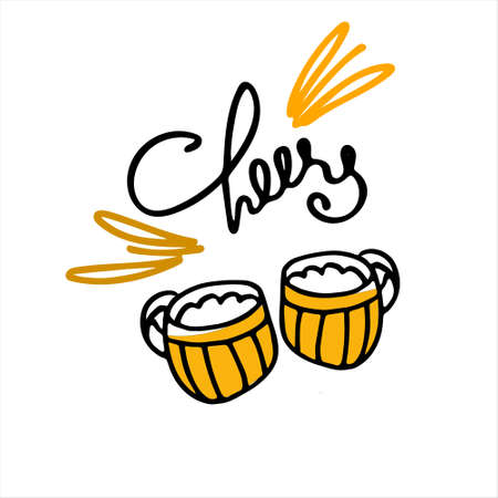 Two hand drawn beer mugs with handwritten Cheers lettering on the white background. Isolated design elementsのイラスト素材