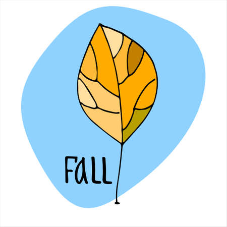 Autumn seasonal illustration. Hand drawn tree styled to look like a yellow leaf, hand lettering. Isolated on sky blue backgroundのイラスト素材