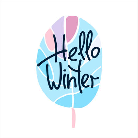 Hello Winter hand lettering, a leaf covered with frost. Isolated on white backgroundのイラスト素材
