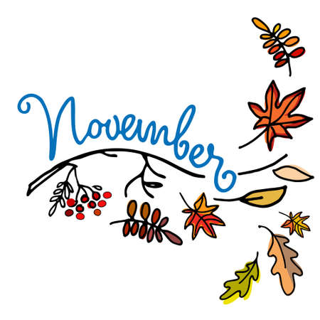 November month logo. Autumn seasonal background. Hand lettering, falling leaves, naked branch. Isolated on whiteのイラスト素材