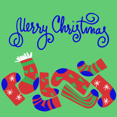 Merry Christmas vintage greeting card. Hand lettering and Christmas stockings on green backgroundのイラスト素材