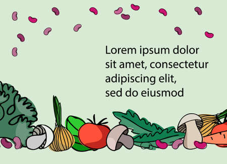 Vegetable background with a place for your text. Hand drawn vegetables and greens isolated on background. Healthy, carb-rich and vegan foods concept. Gardening conceptのイラスト素材