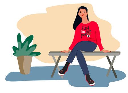 Young woman sitting on a bench vector illustration.