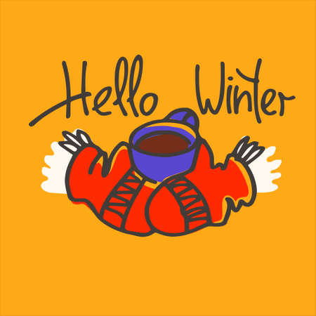 Hello Winter hand lettering, warm knitted gloves, cup of hot drink. Winter recreation conceptのイラスト素材