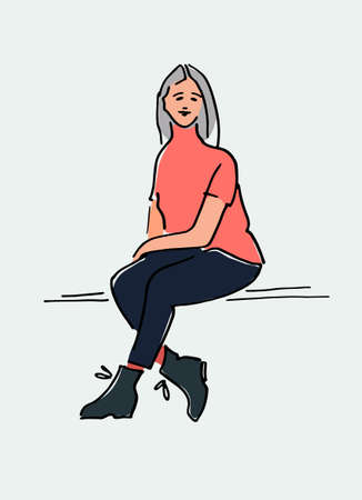Young woman in mid-calf boots sitting on a bench vector illustration.のイラスト素材