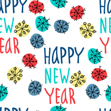 Seamless pattern with colored snowflakes and Happy New Year hand lettering on white background.のイラスト素材