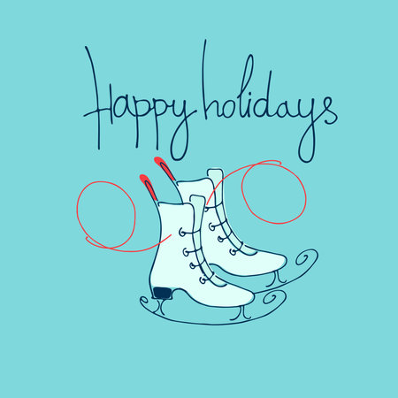 Happy holidays greeting lettering with ice skates. Winter holidays concept. Winter outdoor activity concept. Skating rink banner. Sporting goods store greeting card templateのイラスト素材