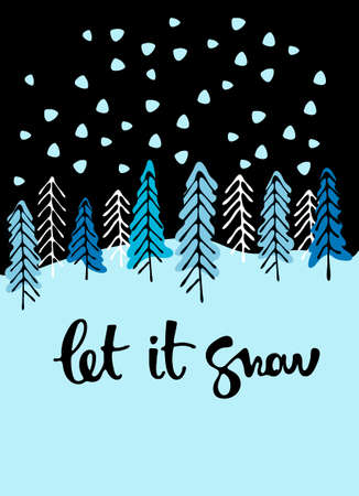 Winter seasonal illustration. Cartoon-like landscape with Xmas hand lettering. Winter holidays banner, greeting card templateのイラスト素材