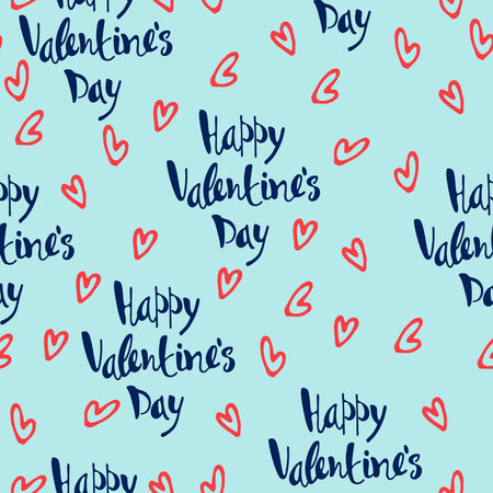 Seamless pattern on Happy Valentines Day theme. Hand-lettered greetings, pink hearts on blue backgroundのイラスト素材