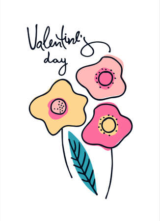 Happy Valentines Day greeting card with hand drawn abstract flowers. Isolated on whiteのイラスト素材