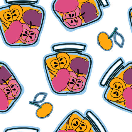 Seamless pattern. Jars with stewed apples, jam. For surface design, Healthy, organic foods, veganism theme. Home canning themeのイラスト素材