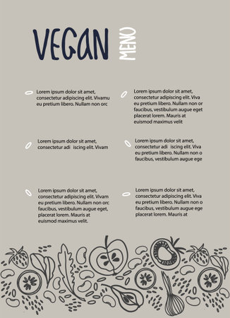 Vegan Menu design template with place for your text. Hand drawn decoration with fruit, vegetables, beans, greens on warm gray backgroundのイラスト素材