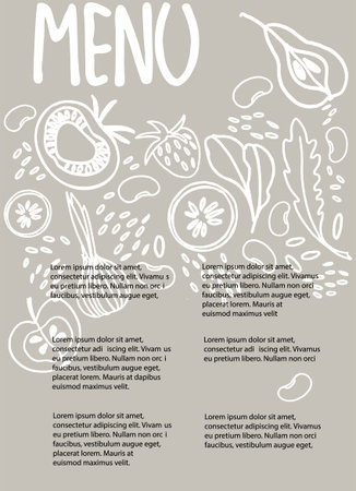 Vegan Menu design template with place for your text. Hand drawn decoration with fruit, vegetables, beans, greens on warm gray backgroundのイラスト素材
