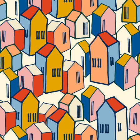 Isometric seamless pattern, urban landscape theme in bright sunny colors, for surface design and other design projectsのイラスト素材