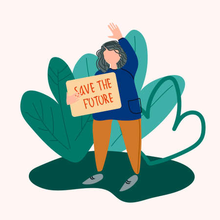 School Strike for the Climate concept. Gird holding sign that reads Save the Future. Vector illustration in flat styleのイラスト素材