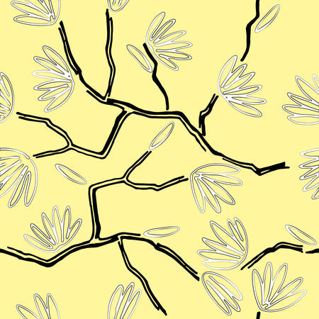 Seamless pattern with hand drawn almond tree branches on sunny yellow background. Spring concept. Isolated on yellow backgroundのイラスト素材