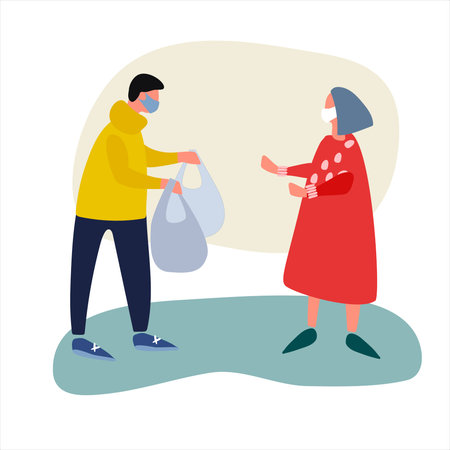 Volunteer helps elderly woman with shopping. Social work during quarantine concept. Covid-19 awareness concept. Assistance to vulnerable category concept. Vector illustration in flat styleのイラスト素材