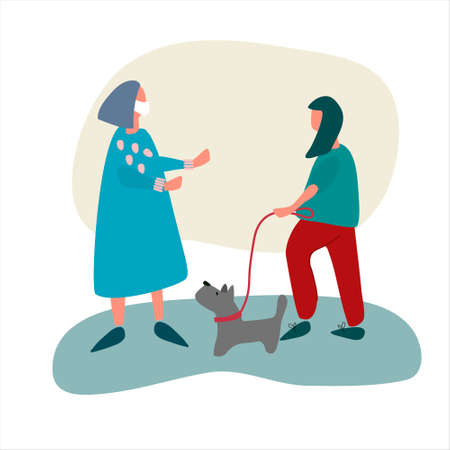 Female volunteer helps old woman with dog walking. Social work during quarantine concept. Covid-19 awareness concept. Assistance to vulnerable category concept. Vector illustration in flat styleのイラスト素材