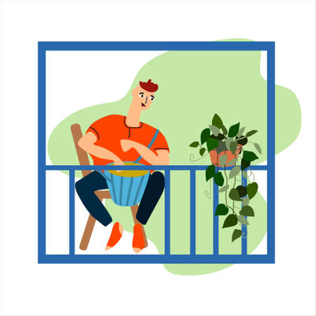 Young man playing drum on the balcony. Neighbourhood concert. Creative activitiy concept. Social distancing during COVID-19 pandemic concept. Vector illustration in flat styleのイラスト素材