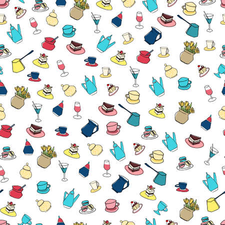 Seamless pattern made of coffe cups, pots, cakes and other cafe objects. Hand drawn vector illustrations on white backgroundのイラスト素材