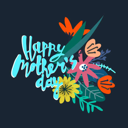 Happy Mothers Day greeting card design. Elegant floral bouquet and hand-lettered greeting phrase. Isolated on dark backgroundのイラスト素材