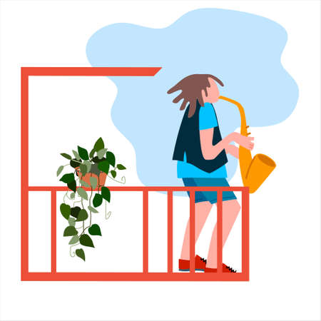 Young man playing saxophone on the balcony. Neighbourhood concert. Creative occupation concept. Social distancing during COVID-19 pandemic concept. Vector illustration in flat styleのイラスト素材