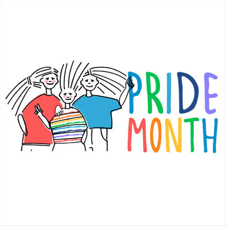 Happy Pride Month greeting design. Sexual diversity celebration concept. Cheerful people celebrating pride parade. Hand drawn vector illustrationのイラスト素材