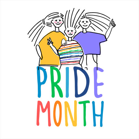 Happy Pride Month greeting design. Sexual diversity celebration concept. Cheerful people celebrating pride parade. Hand drawn vector illustrationのイラスト素材
