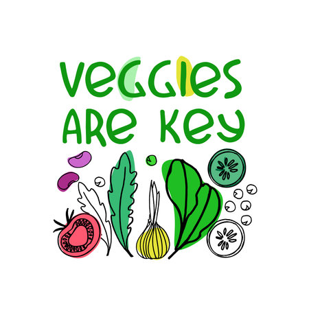 Concept of healthy nutrition. Fresh veggies advertisement. Hand-lettered slogan. Hand drawn vegetables illustrations. Isolated on white backgroundのイラスト素材