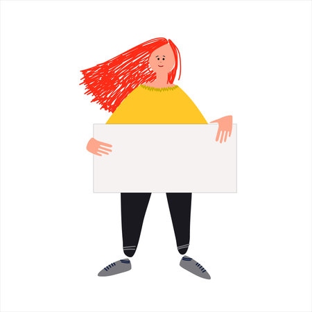 Female protester. Young woman holding a sign, picketing. Vector illustration in flat style