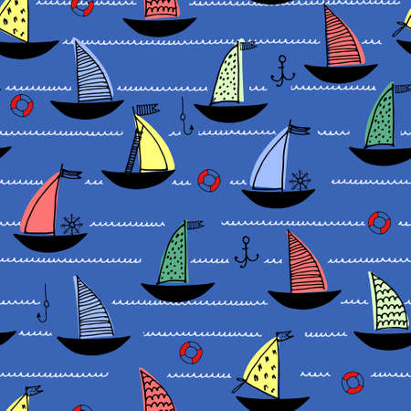 Seamless pattern with hand drawn sailing boats, anchors, fishhooks, safety rings on dark blue background for surface design and other design projects. Sailing and fishing conceptのイラスト素材