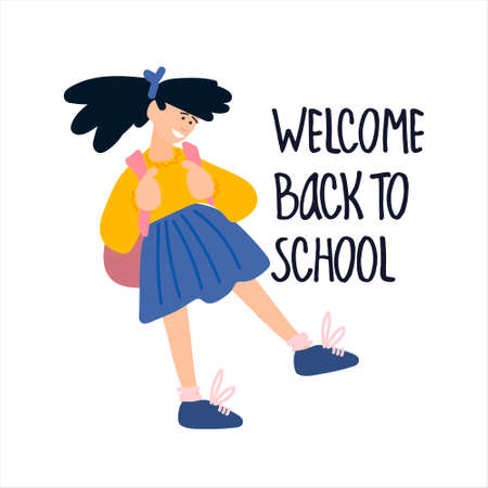 Welcome Back to School banner. Schoolgirl vector illustration in flat style design and hand letteringのイラスト素材