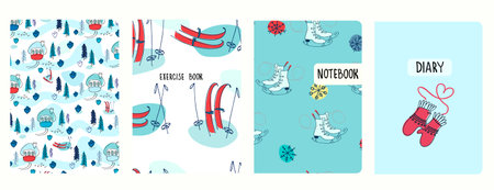 Set of cover page vector templates based on seamless patterns with winter landscapes, snow, skis, skates. Perfect for exercise books, notebooks, diaries, presentationsのイラスト素材