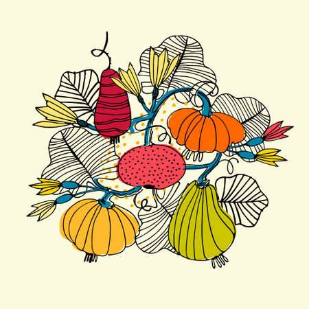 Thanksgiving Day print. Hand drawn vector illustration of pumpkins and flowers isolated on whiteのイラスト素材