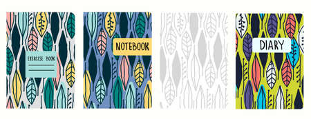 Cover page vector templates based on seamless patterns with hand drawn tropical leaves. Perfect for school exercise books, notebooks, kids diariesのイラスト素材