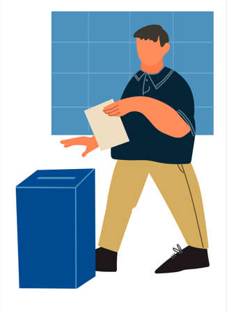 Casting ballot at polling station. Man putting ballot paper in the box. Voting and election concept. Vector illustration in flat styleのイラスト素材