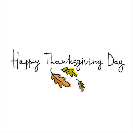 Thanksgiving Day vector logo. Hand lettering decorated with hand drawn oak leaves. Isolated on white backgroundのイラスト素材