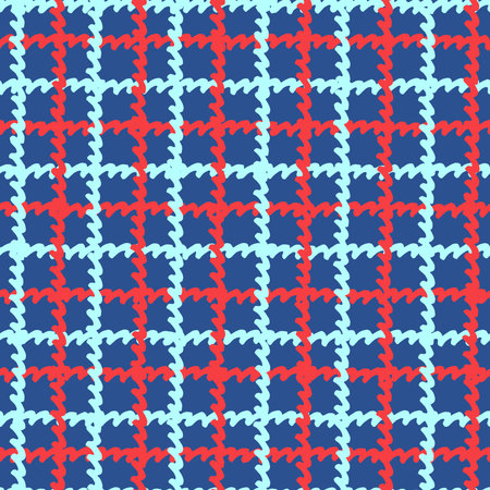 Seamless checkered repeating pattern with hand drawn waves. Blue tartan background for wrapping...