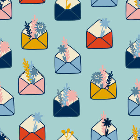 Seamless pattern with envelopes with tulip flowers for wrapping paper design, surface design and other design projects. Holiday greeting conceptのイラスト素材