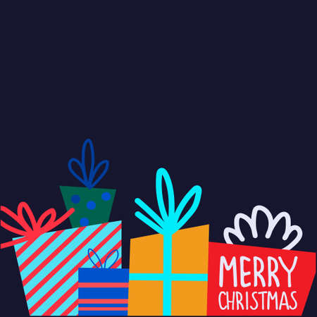 Christmas holiday presents, gift packages. Hand drawn vector illustration on dark background. Greeting card design templateのイラスト素材