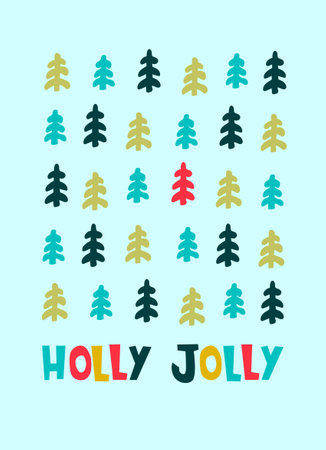 Christmas greeting card design template. Hand drawn fir trees, Holly Jolly hand lettering on light-colored backgroundのイラスト素材