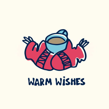 Greeting card, social media post design template. Warm knitted gloves, cup with hot drink, Warm Wishes hand lettering. Christmas, New Year, winter holidays concept.のイラスト素材