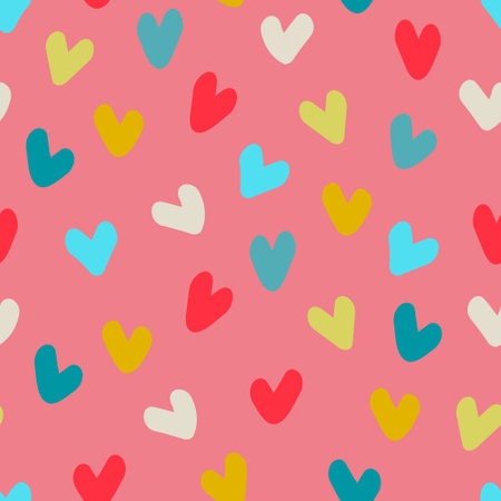 Seamless pattern. Hand drawn multicolored heart shapes on pink background, for wrapping paper and other design projects. Valentines Day concept, love, romance conceptのイラスト素材
