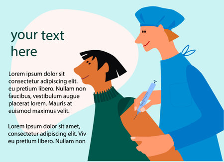 Vaccination time concept. Doctor inoculate male patient, making vaccine injection in the shoulder. Illustration with place for text. Banner, poster,social media postのイラスト素材