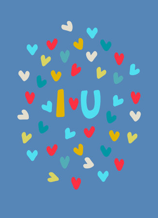I Love You hand-lettered phrase and multicolored heart shapes on sky blue background. Love confession vector design.のイラスト素材