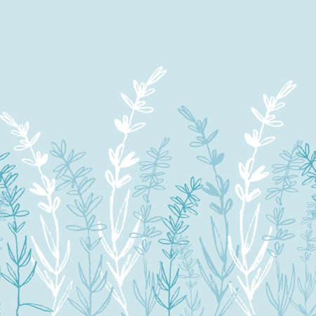 Seamless monochrome border pattern with hand drawn lavender for textile, clothing, background design. White on blueのイラスト素材