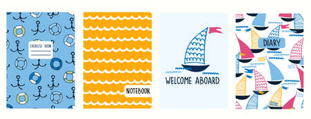 Set of cover page templates with sailing boats, anchors, lifesavers, waves, cheering phrase. Based on seamless patterns. Headers isolated and replaceable. Perfect for school notebooks, diariesのイラスト素材