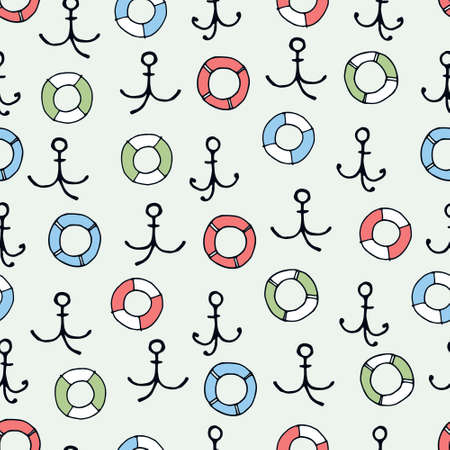 Seamless pattern with hand drawn anchors, lifesavers on light blue background for surface design and other design projects. Boating, sailing and fishing conceptのイラスト素材